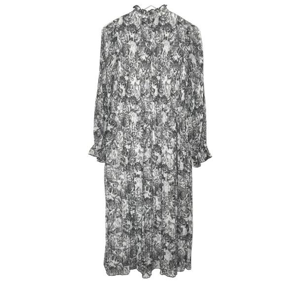 Ganni Floral Print Plisse Crepe de Chine Midi Dress Phantom Gray Size 36 NEW - Picture 5 of 16